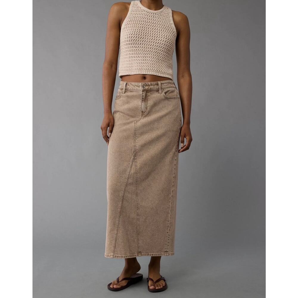 American Eagle Khaki Brown Low Rise Denim Maxi Skirt Back Split Size 16
